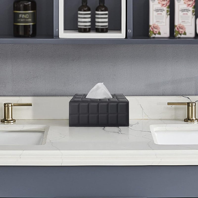 XNONE Tissue Box Cover Rectangle Tissue Box Holder PU Leather Facial Organizer with Magnetic Bottom,Decorative Napkin Caddy for Vanity Dresser Night Stand Table Countertop Home Office Car,Black - Image 2